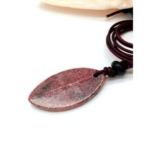 Large Rhodonite Necklace Natural Stone Statement Pendant Leather Cord